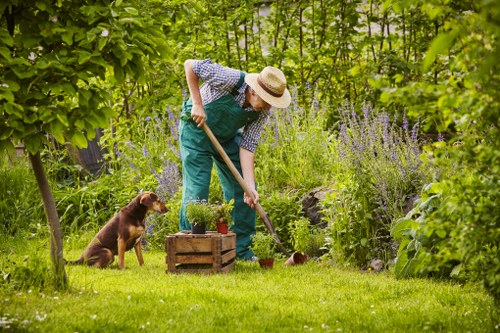 A gardener wearing a straw hat, a checkered shirt, and teal overalls is tending to a lush garden in a backyard, using a wooden-handled garden tool to work the soil. The garden features a well-maintained grassy lawn with vibrant green grass in the foreground, bordered by various plants and shrubs, including flowering plants with light purple blossoms and tall green foliage. To the left, a small brown dog sits attentively, observing the gardener's actions. In the background, dense trees and bushes create a secluded outdoor space, suggesting a peaceful and privately landscaped yard. The scene appears to be lit by natural daylight, possibly on a slightly overcast or partially sunny day, providing a soft light that highlights the natural textures of the lawn, plants, and garden features. This setting exemplifies a typical landscaped back garden suitable for outdoor gardening and maintenance services offered by companies like Landscapers Stratford, serving the Stratford area with professional gardening and lawn care solutions.