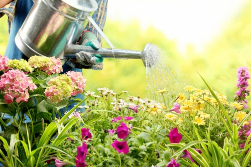 A gardener's hand, wearing a gardening glove, is shown watering vibrant flower beds in a garden. The scene features a variety of flowering plants with pink, purple, and yellow blooms, arranged around lush green foliage. The garden appears well-maintained with healthy, dense grass and neatly defined borders. In the background, there are tall plants and possibly small trees, suggesting a landscaped outdoor space typical of gardens in Stratford. The lighting indicates a bright, sunny day, highlighting the natural colours of the flowers and greenery. This image reflects a professional gardening activity that could be offered by services such as those provided by Landscapers Stratford, focusing on flower bed care and outdoor plant maintenance, suitable for various garden styles in the local area.