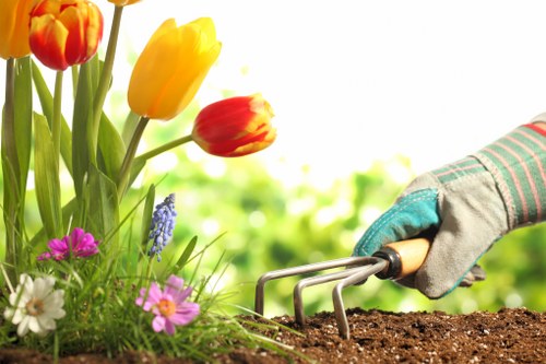 A close-up of a gardener's gloved hand using a hand rake to loosen dark, rich soil in a garden bed within a landscaped outdoor space. Surrounding the soil are a variety of blooming flowers including yellow and red tulips, white daisies, pink and purple flowers, and purple grape hyacinths, creating a colourful and vibrant scene. In the background, blurred green foliage and garden elements suggest a well-maintained garden in Stratford, with natural daylight illuminating the scene. The image emphasizes gardening activities related to planting and soil preparation, fitting the context of professional gardening and landscaping services offered by Landscapers Stratford.