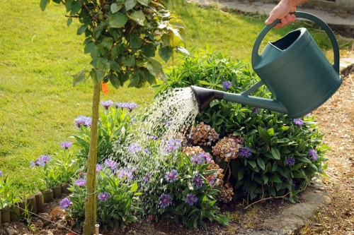 In a well-maintained garden area, a person is watering a flower bed with a green watering can. The flower bed is bordered by small wooden edging and contains a variety of blooming plants in shades of purple, white, and pink, alongside lush green foliage. A young tree with a slender trunk and a few branches is situated near the flower bed, with healthy green leaves. In the background, a neatly trimmed lawn with dense, vibrant green grass stretches out, bordered by a hedge or shrubbery that provides privacy and structure to the outdoor space. The scene appears to be outdoors on a bright day with natural sunlight illuminating the garden, emphasizing the rich colors and textures of the plants and grass. The image reflects the care and detail involved in garden maintenance, aligning with professional landscaping and gardening services offered by Landscapers Stratford in the Stratford area.