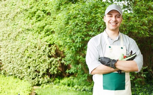 A professional gardener standing outdoors in a lush, green garden with well-maintained lawn, neatly edged flower beds, and dense shrubbery in the background. The gardener, wearing a light grey cap, a white and grey striped shirt, and a green apron, is smiling and holding a pair of pruning shears, ready for outdoor maintenance work. The garden features a combination of grassy areas, bordered by soil and planting borders, with various bushes and hedges providing structure. The scene is brightly lit, indicating a clear day, and reflects a typical landscaped outdoor space suitable for gardening services offered by Landscapers Stratford near Stratford-upon-Avon, supporting sustainable and eco-friendly gardening practices.